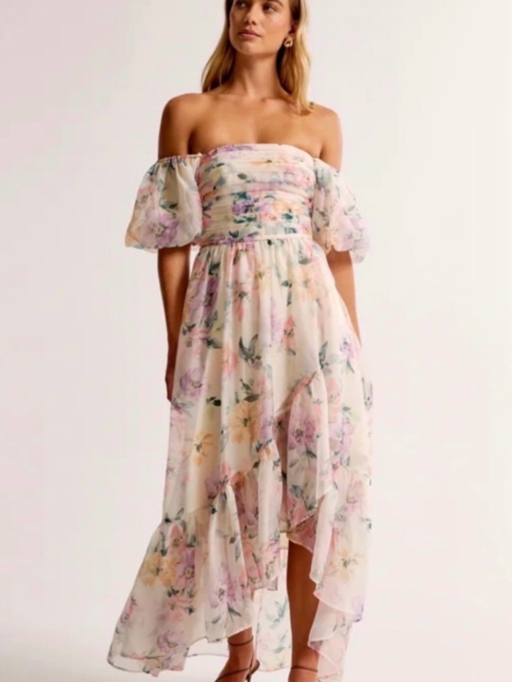 Abercrombie & Fitch Off-Shoulder Floral Midi Dress in Cream and Pink